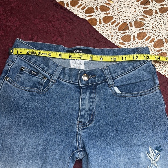 Yagi skinny bell bottom jeans 2 tone denim with floral embroidery size 3 junior - Picture 11 of 14